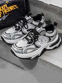 Fashionable, Versatile, Comfortable Thick-Soled Sneakers For Teens, All Seasons, Korean Style High-Quality Chunky Sneakers With Breathable Mesh Upper, Slip-Resistant And Durable, Suitable For Outdoor Casual And Sports - Silver - View 5