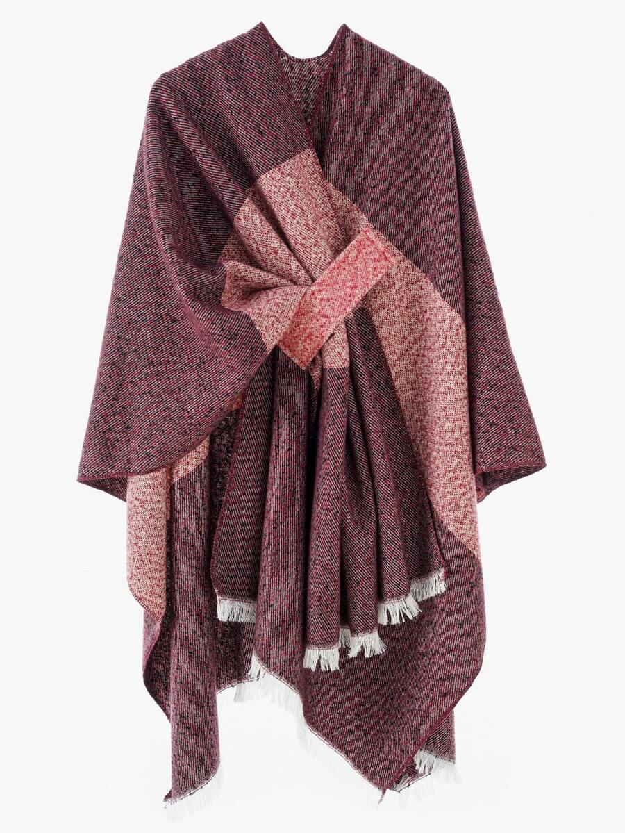 1pc Women's Classic Striped Color Block Pattern Windproof Buckle Closure Travel Shawl Jacket, Warm For Autumn/Winter - Dark Red - B - View 1