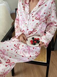 蝴蝶结爱心图案长袖睡衣套装 - 长袖纽扣领上衣和长裤，柔软缎面睡衣，可机洗，可外穿 - 粉色 - 查看 5