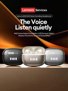 Lenovo LE232 ANC Noise Cancelling Bluetooth Headphones, Half In-Ear Design With Battery Level Display, Large Dynamic Driver, Surround Sound, High-Fidelity Audio, Low Latency, Long Battery Life, Comfortable Silicone Wireless Earbuds Compatible With Smartphones And Computers - Black - View 2
