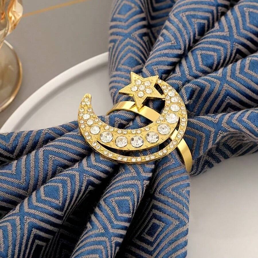 1/5pcs Ramadan Napkin Rings, Gold/Silver Rhinestone Moon & Star Napkin Holders, Suitable For Ramadan Party, Gathering, Holiday Gifts, Dining Table Decor, Home & Restaurant Use
