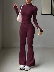 Conjunto de 2 piezas para mujer Aoqta, top con cremallera de manga larga de unicolor y pantalones ajustados de cintura alta, adecuado para actividades al aire libre, correr y yoga - Burdeos - Ver 5