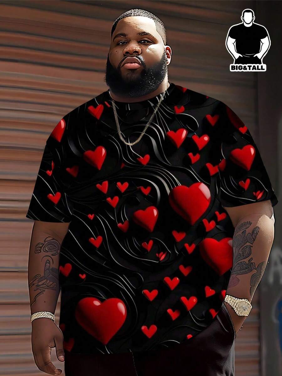 Plus Size Big & Tall Men's Black Tee With 3D Red Heart & Flowing Line Print, Loose Fit Short Sleeve Shirt For Valentine's Day - Black - View 1