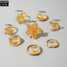 Set Of 8 Women's Beach Style Rings – Starfish, Shell And Sun, Boho Gold Fashion - Vàng - Xem 2