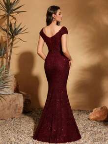 Women's Elegant Sequin Dress, Basic Party Dress - Burgundy - View 2