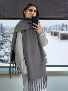 1pc Women's New Solid Color Fluffy Tassel Scarf, Warm And Comfortable Large Shawl, Simple And Versatile For Daily Wear