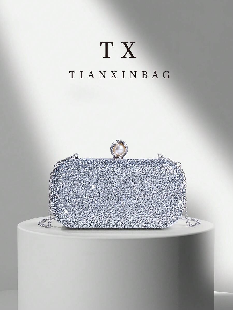 Pink Pearl Evening Clutch Bag, Elegant Engagement Handbag For Cheongsam Dress, With Metal Chain, Suitable For Party, Wedding, Prom, Banquet, Perfect Match For Women's Graduation Gown, Prom Accessories, Sequin Dress, Shiny Dress, Women's Graceful Dress. - Silver - View 1