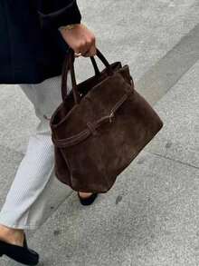 女士复古仿麂皮手提包，秋冬新款时尚大容量通勤单肩包，百搭优雅天鹅绒手提包 - 棕色 - 查看 1