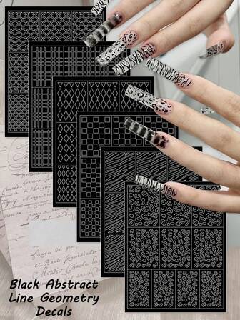 3 Sheets Abstract Geometric Nail Stencil Art Stickers, Black Line Pattern Decals For Y2K Punk Zebra Leopard French Tip Manicure
