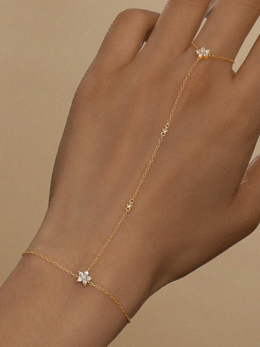 1Pc 925 Sterling Silver Exquisite Petal Cubic Zirconia Continuous Finger Ring & Bracelet Fine Jewelry Suitable For Women Daily, Party, Holiday Wea - Gold - View 1