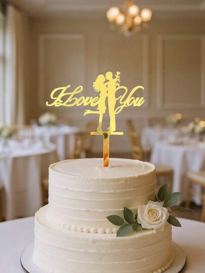 1/3pcs Elegant Gold Couple Cake Topper - Wedding, Engagement, Valentine's Day Decor - Acrylic Wedding Cake Topper With "I Love You" - Romantic Wedding Cake, Party Decor - Perfect Gift For Couples, Wedding Cake Decoration