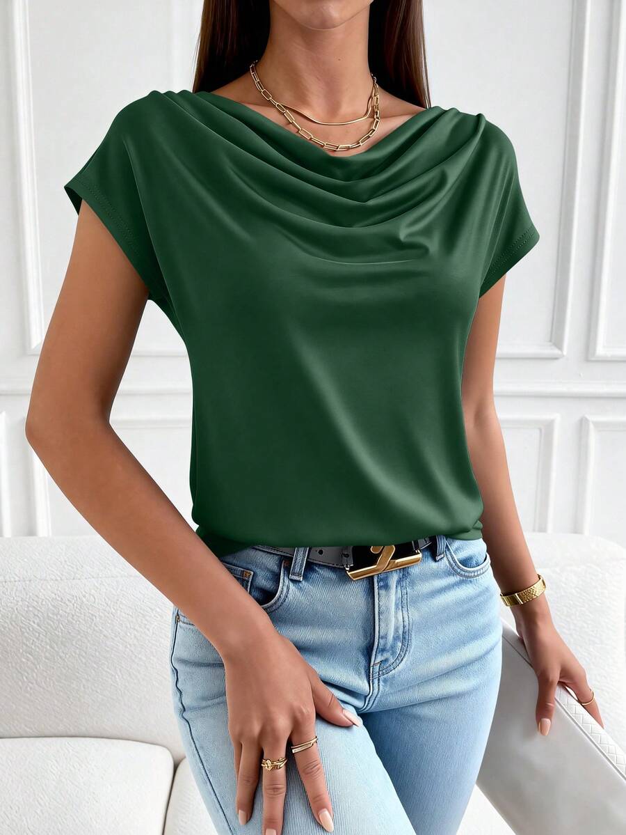 PRETTYGARDEN Women's Summer Clothes Tops Dressy Casual Clothing Cowl Neck Short Sleeve Blouses Business Work Office Shirts Tops For Women - 綠色 - 查看 1