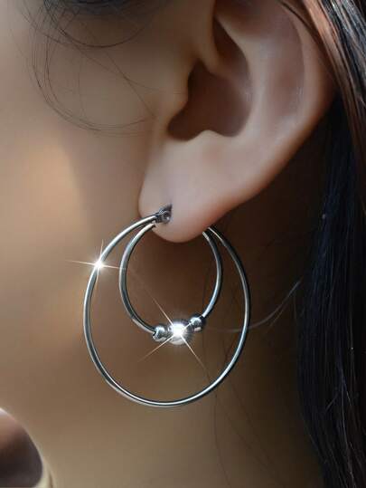 2pcs Stainless Steel Exaggerated Round Pearl Hoop Earrings, Unisex, Smooth Design, Retro Double Ring Earrings, Personalized Jewelry