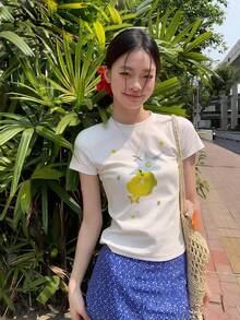夏季性感修身短袖T恤，苹果星星印花，适合运动、度假和约会等休闲场合，白色 - 白色 - 查看 3