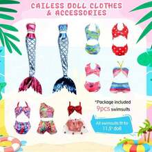 Juego de playa de muñeca de 11.5" y muñeco de 12" - Incluye traje de baño, pantalones de baño, zapatos de playa, disfraz de sirena, equipo de buceo y accesorios de playa | Regalo ideal para niños creativos - Múltiples opciones, diversos estilos, mezcla y combina a tu gusto. - Ver 4
