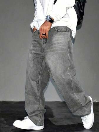 Straight Leg Cotton Washed Jeans, Versatile Wide Leg Washed Jeans, Loose Fit Straight Leg Jeans For Couples