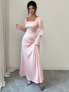 Đầm maxi dài tay ôm dáng, màu trơn, thanh lịch, hở lưng, dây mảnh, cổ vuông, dành cho nữ của LilyHouse, trang phục mùa xuân. - Hồng - Xem 3