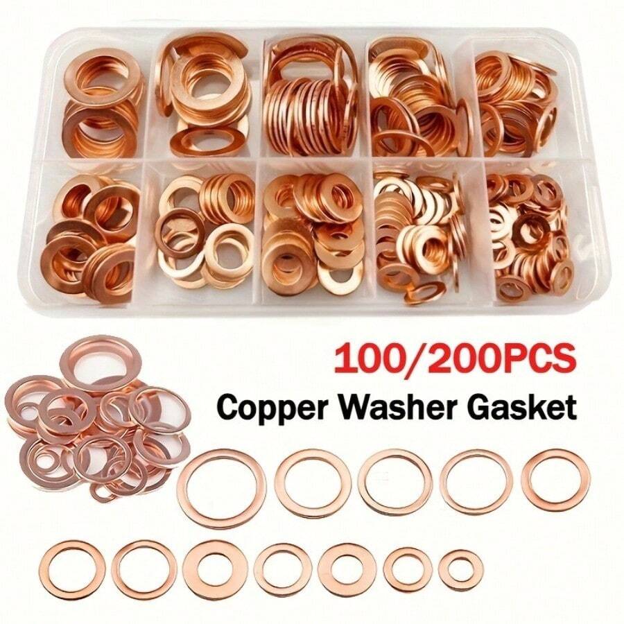 200pcs Copper Seals Kit - Includes Flat Washer, Nuts, And Bolts - Complete Set In A Sturdy Box For Various Applications