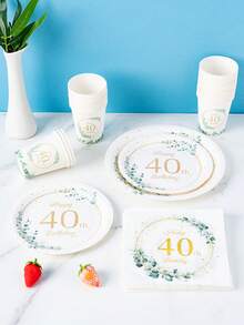 40th Birthday Eucalyptus Theme Disposable Plates, Napkins, Cups, Tablecloth And Banner Set, Party Supplies For 8 Guests, Suitable For Birthday, Wedding, Theme Party, Family Picnic