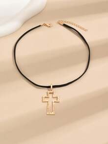 1pc Fashionable Minimalist Cross PU Necklace, Versatile Jewelry For Women - Golden Yellow+Black - View 2