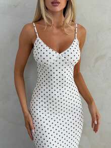 Elegant Polka Dot Sexy Deep V Backless Dress, Mesh Fitted Spaghetti Strap Dress - White - View 4