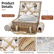 G GOOD GAIN Cesta de picnic de 31 piezas para 4 personas Juego de picnic de mimbre con manta impermeable y bolsa de vino Cesta grande de picnic con refrigerador aado y kit de cubiertos para - Florblanca - Ver 6