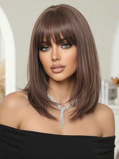 14 Inch Short Wavy Wig With Bangs, Layered Fashionable Synthetic Fiber Wig In Light Grayish Purple, Comfortable & Natural Looking, Suitable For Holidays, Family Gatherings And Daily Wear