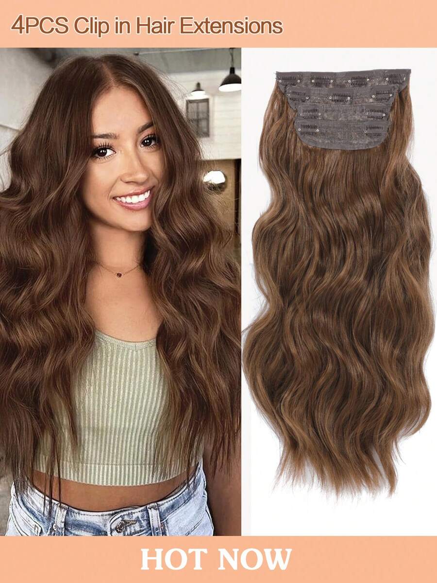 4PCS Clip In Hair Extensions 20 Inch Golden Reddish Brown Natural Wavy Synthetic Hair Extensions For Women