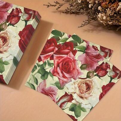 20张/包，12.99*12.99英寸双层彩色玫瑰印花餐巾纸，优雅婚礼酒店方形餐巾纸，蝴蝶骨浆材质，装饰性餐具配件