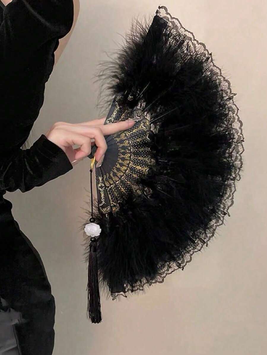 1把复古蕾丝手扇，优雅独特，适合夏季舞蹈、T台走秀，古典风格，带流苏。