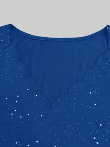 女士性感V领亮片网纱拼接长袖优雅休闲派对T恤上衣，适合所有季节 - 藍色 - 查看 5