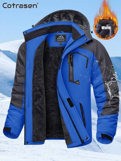 Cotrasen Men's Winter Fleece Jacket Waterproof Windproof Ski Snow Jacket Thicken Warm Mountaineering Hiking Jacket Hooded Rain Coat