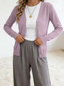 Women's Elegant V-Neck Stretch Knit Cardigan - Highly Soft Button-Front Design, Machine Washable, Casual And Fashionable All-Season Pullover, Versatile Layering Item | Comfortable And Cozy Knit Sweater - Màu tím - Xem 2