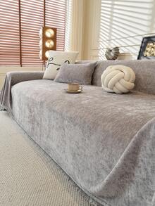 1 buah Sarung Sofa Rumbai Chenille Warna Polos, Ramah Hewan Peliharaan, Tahan Lama, Dapat Dicuci, Pelindung Sofa Dekorasi Liburan, Cocok untuk Sofa 1/2/3/4 Dudukan - Light Grey - View 3