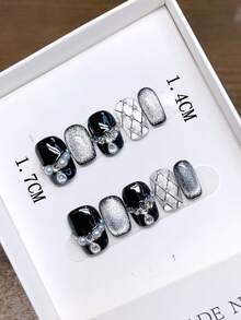 Handmade Square Nail Stickers; Hand-Painted Silver Cat Eye Nail Art, High-Quality Minimalist Design, Autumn Nails, Full Coverage Fake Nails, Y2K Nails, Unique Niche Creative Fake Nails, Daily Wear Nails, Cute Modern Style Nails, Removable And Reusable - Multicolor - View 3