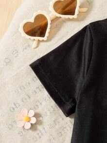 2件套女童休闲蝴蝶花朵印花短袖上衣T恤和短裤套装，夏季 - 黑色 - 查看 4