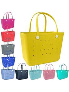 Large Waterproof Washable Tip Proof Durable Open Tote Bag For The Beach Boat Pool Sports,Women's EVA Beach Tote Bag With Ventilation Holes - Lightweight Durable Solid Color Open Top Design For Poolside, Shopping & Picnics - Stylish Holiday Accessory, Beach Bag