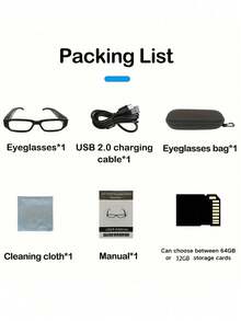 1080P高清视频眼镜，摄像眼镜，智能眼镜，高清电脑网络摄像头，超长续航，适用于骑行、驾驶跑车、徒步旅行、钓鱼、海滩漫步、旅游等场合，配备存储卡，百搭黑色，包含32GB/64GB存储卡 - 黑色 - 查看 12