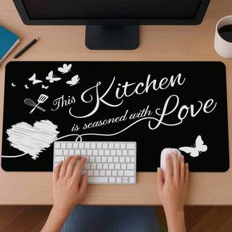 1pc Black-Background Warm Kitchen Heart & Butterfly Mouse Pad - Oil-Resistant & Splash-Proof, Wear-Resistant & Fade-Proof, Universal Mat For Small Bar Counters / Home Coffee Nooks / Bedroom Vanity Tables / Living Room Coffee Tables