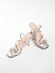 二合一女士方头细跟凉鞋，时尚百搭绑带高跟鞋 - 銀色 - 查看 6