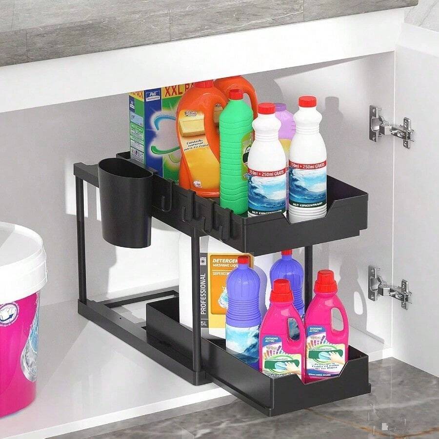 SAMODRA Under Sink Organizers and Storage Kitchen Cabinet Storage 2 Tier Drawer Pull-Able Basket Organizer Bathroom Storage Rack with Hooks DIY Removable Dividers Black-Double Drawer-2 Pack - Blanco-03 - Ver 1