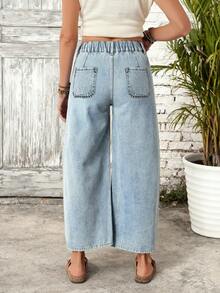 Women's Casual Washed Denim Wide Leg Capri Pants, Drawstring Waist, Pockets, Light Blue, Slightly Stretchy Spring - Baby Blue - View 3