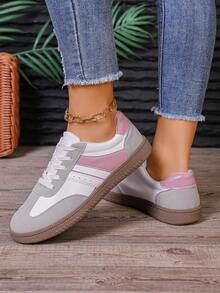 Spring/Autumn New Fashion Pink Flat Versatile Round Toe Lace-Up Casual Sneakers For Women, Preppy Style - Pink - View 5