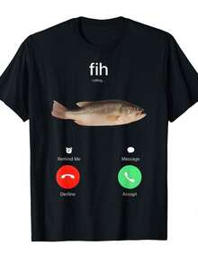 Fih Caller Reminder Fish On Board Shirt, Funny Round Neck-Shirt With Fashionable Print, Comfortable Travel Clothing Fashion Enthusiasts, Suitable Summer, Spring, Autumn And Casual Wear - 黑色 - 查看 6