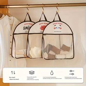 1pc Hanging Net Storage Bag - Breathable Fabric Organizer Bag With Cute Animal Pattern, Space-Saving Foldable Design, Suitable For Underwear, Socks And Handbags