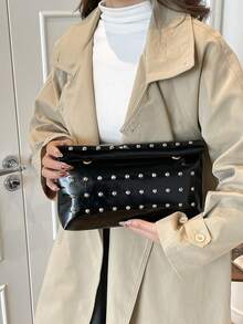Modische, lässige, personalisierte Clutch-Tasche mit großer Kapazität, Nieten und umgerollter Kante - Schwarz - Übersicht 8