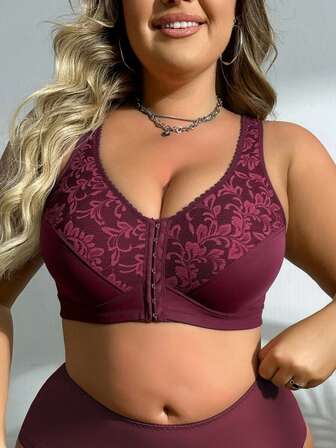 大码女士前扣式无钢圈文胸，轻薄舒适透气，优雅内衣，休闲高品质，复古红色，紧身胸衣式上衣，春夏款