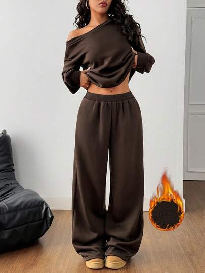 AITYI Studio Women's 2-Piece Set, Casual Solid Color Autumn/Winter Fleece Lined, Sexy Asymmetrical Shoulder Loose Comfortable Outdoor Versatile Y2K Style, Suitable For Graduation, Back To School, New Year, Valentine's Day