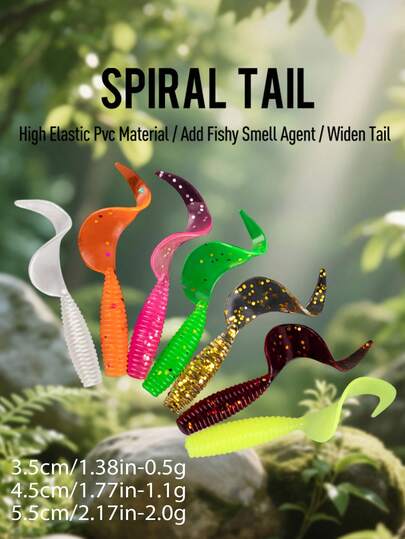  KINGDOM 螺旋尾软饵 12个/15个/20个装 PVC材质，35毫米 45毫米 55毫米 0.5克 1.1克 2克 人工软饵，摇摆型路亚，人工泳饵，适用于鲈鱼、鳟鱼等鱼类，淡水/海水垂钓，摇摆软虫