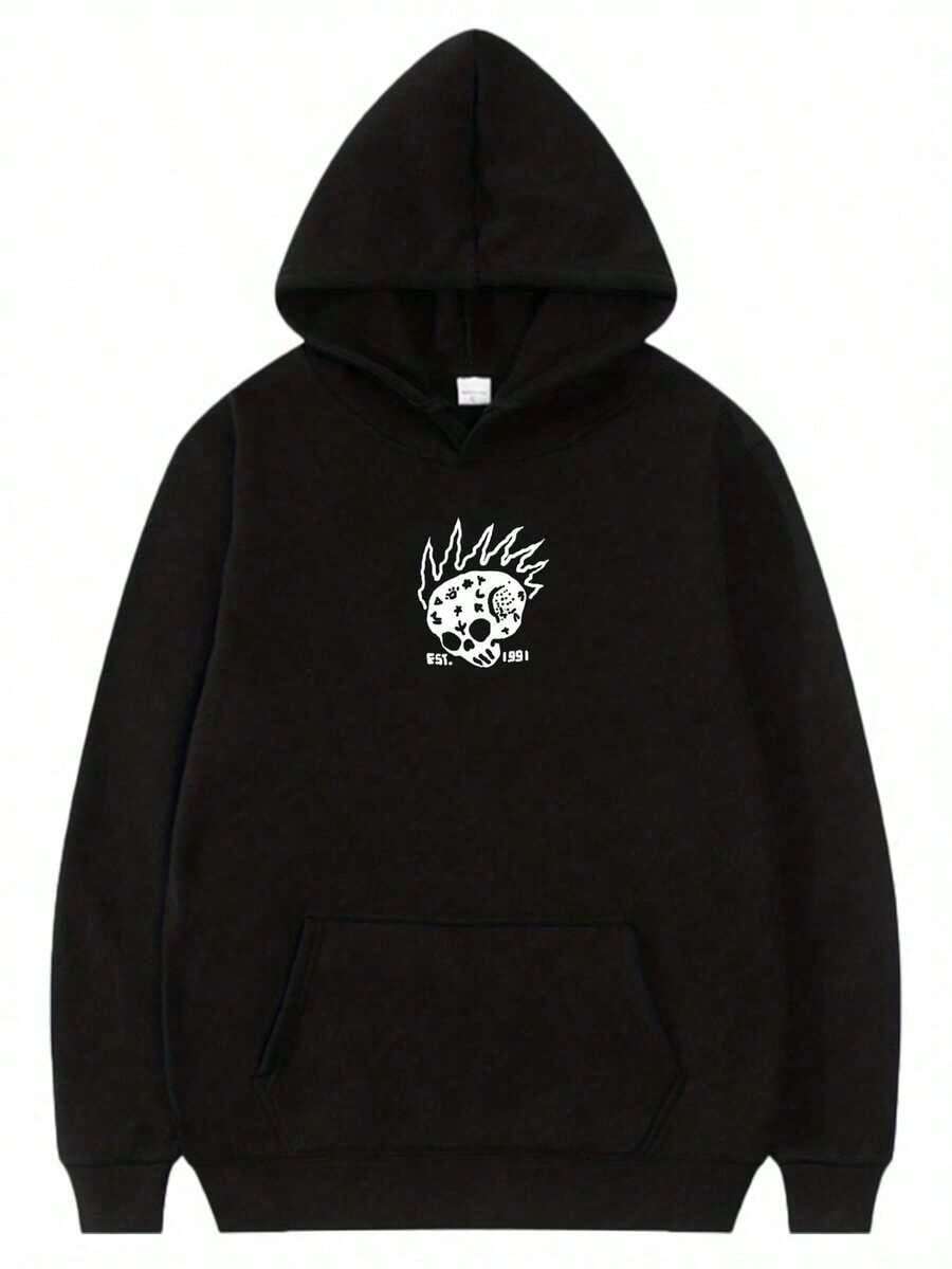 Sudadera con capucha de moda para hombres, 100% algodón, Manfinity Herren, Pullover Herren, disfraz de Halloween para hombres, sudadera con capucha negra para hombres con estampado gráfico de kanji japonés blanco y bolsillo delantero - sudadera con capucha de estilo callejero retro, ajuste holgado, calidez invernal casual, tela cómoda para moda urbana, conciertos y atuendo casual - diseño inspirado en el manga del anime (Moda de ropa de calle, tela duradera, ropa cálida, impresión de alta calidad, entusiastas de la ropa de calle, ropa casual y regalo de Navidad para novio, adolescentes y adultos) - Negro - Ver 1
